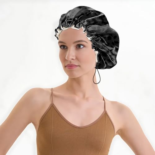 Luxury Shower Cap Satin Lined Reusable Waterproof Double Layer Elastic Adjustable Hair Bath Cap Cute Aesthetic Women Girls-Black Leopard - color: F3-Black Leopard