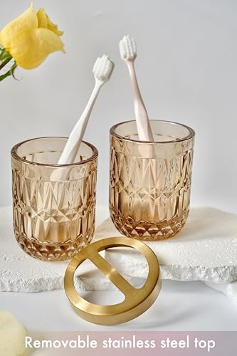 LaMarriti Brown Bathroom Accessories Set, 5Pcs Glass Bathroom Set, Soap Dispenser and Toothbrush Holder Set, Soap Dish, Qtips Holder, Tumbler for Crystal Vintage Bathroom Decor - style: Brown
