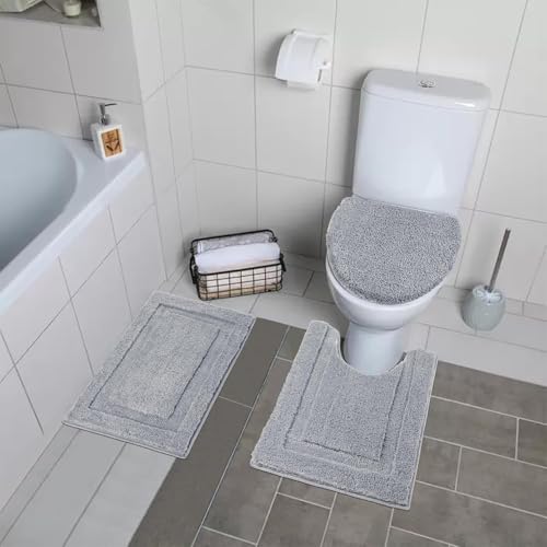 SHACOS Microfiber Bathroom Rugs Set of 3 Pieces | Small Bath Mats 16"x24" with Toilet Lid Cover U Shaped Toilet Rug Fluffy Plush Non Slip Washable Carpet(Light Grey) - color: Light Grey, size: 16"x24"+U-Shape 20"x24"+Lid Cover 19"x21"
