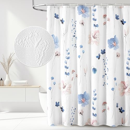 QiyI Watercolor Floral Shower Curtain, 3D Embossed Butterflies Blue Pink Flower Bathroom Curtain, Minimalist White Cloth Bath Curtain, Waterproof Fabric Textured Shower Curtain Set with Hooks, 72x72 - color: Blue, size: 72"W x 72"L (Pack of 1)