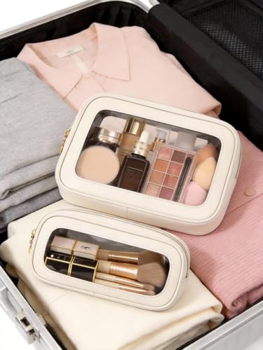 2Pcs Clear Makeup Bags Set, Clear Travel Makeup Brush Holder Leather Makeup Case Toiletry Bag with Zipper Portable Cosmetic Pouch Waterproof Makeup Brush Storage Bag Car Bag for Essentials - color: 2Pcs White