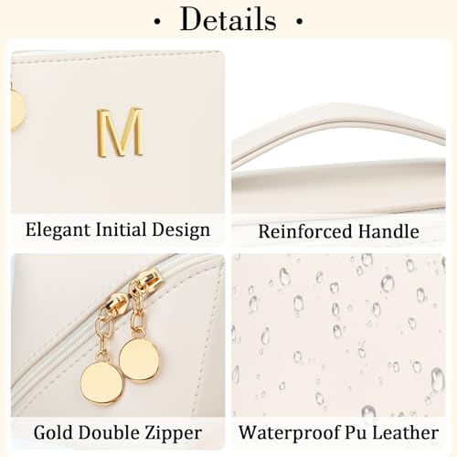 Birthday Gifts for Women Teen Girl, Personalized Initial Makeup Organizer Bag Set, Open Flat Travel Cosmetic Bag With Clear Divider and Handle(Beige,M) - color: Beige, style: M