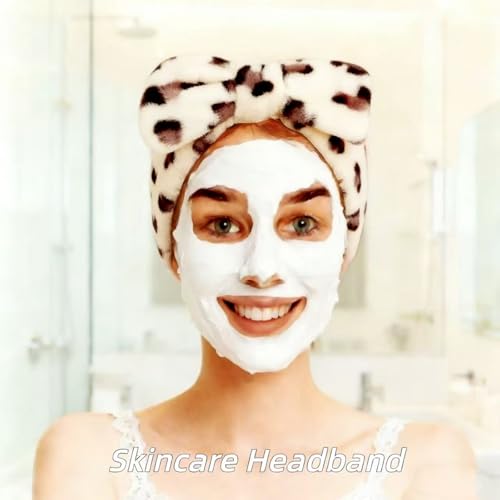 7 Pcs Spa Set, Facial Headband and Wristband Set, Skincare Accessories, College Style Girl Idea Gifts, Hair Accessories for Women and Girls （Beige Leopard ） - color: Beige Leopard