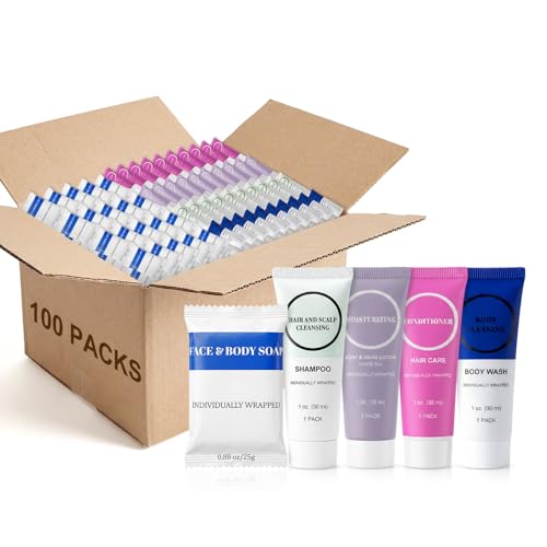 Toiletries Individually Wrapped Set Bulk, Travel Size 1 Fl oz Mini Body Wash Body Lotion Shampoo Conditioner 0.88 oz Bars Soap Toiletry Kit Guest Amenities for Hotel/Shelter/Homeless (Pack of 100) - size: Pack of 100