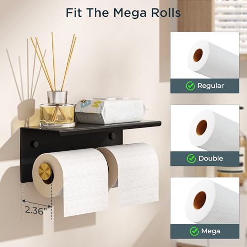 FORIOUS Double Toilet Paper Holder with Shelf, Wall Mount Tissue Roll Holder for Bathroom, 304 Stainless Steel Commercial Toilet Tissue Dispensers with Phone Shelf (1, Matte Black & Brushed Gold) - color: Matte Black & Brushed Gold