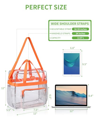 MAY TREE Clear Bag for Stadium Events 12×6×12 Clear Tote Lunch Bag with Reinforced Straps for Work, Sporting Events and Gym, Orange - color: Orange