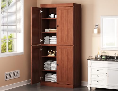 Palace Imports Solid Wood Tall Bathroom Pantry Cabinet with 4 Shaker Doors & Adjustable Shelves, Mocha - 100% Eco-Friendly, Renewable, Space-Saving Storage, 71.5" H x 32" W, Made in Brazil - color: Mocha