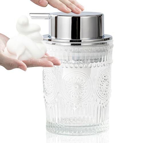 Glass Foam Soap Dispenser, 7 Oz Face Wash Dispenser for Bathroom, Vintage Glass Clear Foaming Hand Soap Dispenser, Small Refillable Lotion Dish Dispenser for Kitchen - color: Silvery-7 Oz