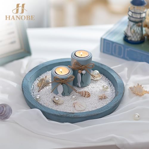 Hanobe Beach Decor Decorative Tray: Farmhouse Coastal Tray for Nautical Themed Decorations Coffee Table - Round Wooden Trays Ocean Style for Bathroom Countertop Centerpiece Rustic Blue - color: Blue