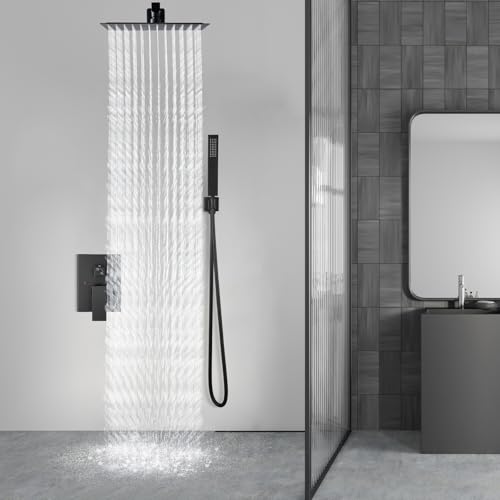 Aolemi Shower Faucet Set Rain Shower System with Handheld Spray Bathroom Shower Combo Rough-in Valve and Shower Trim Kit Included Matte Black 16 Inch Wall Mount Shower Head - color: Matte Black, size: 16 Inch Wall Mount Shower Head