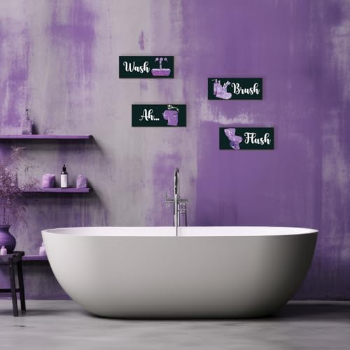 4 Pcs Purple Bathroom Decor Purple And Black Wall Decor Large Wooden Bathroom Accessories Modern Funny Glitter Decoration Set for Home Toilet(14x5.5 Inch) - color: Purple, size: 14 X 5.5 Inch