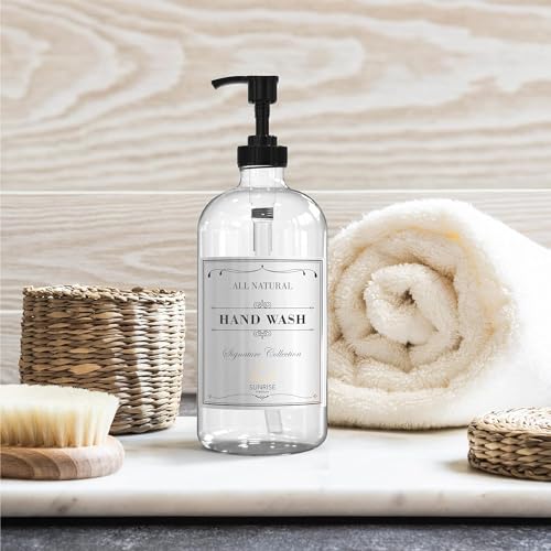 Sunrise Premium 16 OZ Clear Glass Soap Dispenser with Pump, Hand and Dish Soap Dispenser Set for Bathroom with 12 Waterproof Labels, Pack 4 - color: Black Plastic Pump - Clear Glass 4pcs
