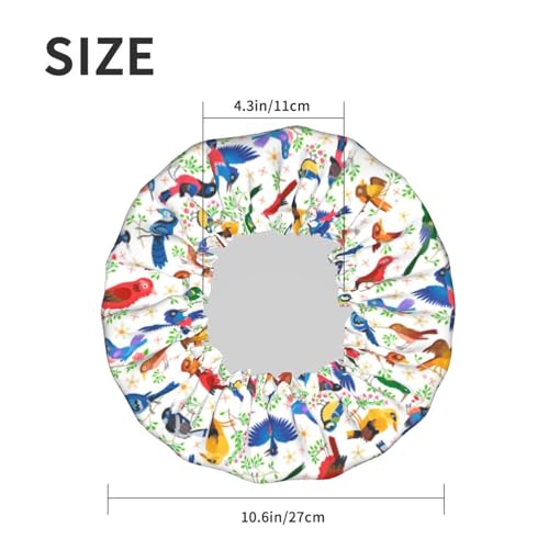 Birds Pattern Shower Cap For Women Reusable Waterproof Double Layers Bath Cap Hair Protection Elastic Ladies Spa Salon Shower Hat - color: Birds Pattern
