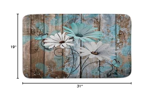 Farmhouse Floral Flower Bath Mat, Teal Daisy Rustic Wooden Plank Country Barn Wood Turquoise Blue Non-Slip Flannel Soft Doormat Floor Entryways Outdoor Indoor Front Door Mat, 19x31 - color: Teal-01, size: 1'7" x 2'7" (Rectangular)