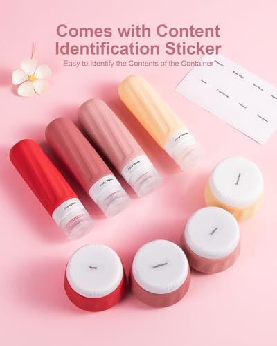 Mrsdry Travel Size Toiletries 8 Pack, TSA Approved 3oz Silicone Squeeze Bottles & Cream Jars with Clear Travel Bag - color: Cherry Red, size: 3oz bottle 3oz jar