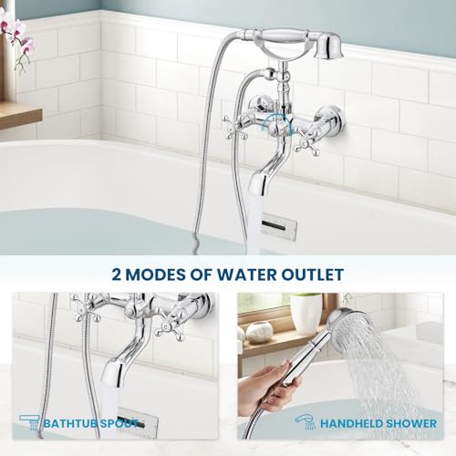 gotonovo Wall Mount Clawfoot Bathtub Faucet with HandHeld Spray and 360° Double Cross Handle Swivel Spout Vintage Tub Shower Faucet Set with Adapter Adjustable Swing Arms Polish Chrome - color: Polish Chrome