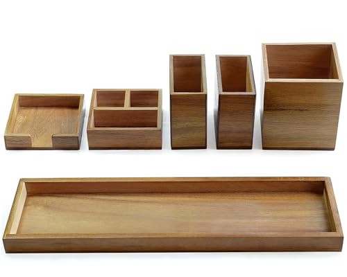 Wood Vanity Tray, 6-Piece Small Bathroom Counter Organizer Wooden Decorative Trays Rectangular Perfume Jewelry Makeup Cosmetic Holder Set - Holds Small Items - color: Wood