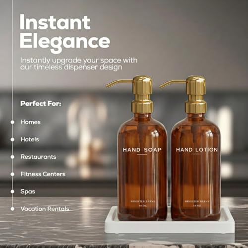 Luxury Glass Soap and Lotion Dispenser Set with Tray by Brighter Barns - Hand Soap Dispenser Bathroom Set w/Stainless Steel Pump - Gold Bathroom Decor for Guest House, Airbnb, Spa, Gift (Amber/Gold) - color: Amber Gold Sl