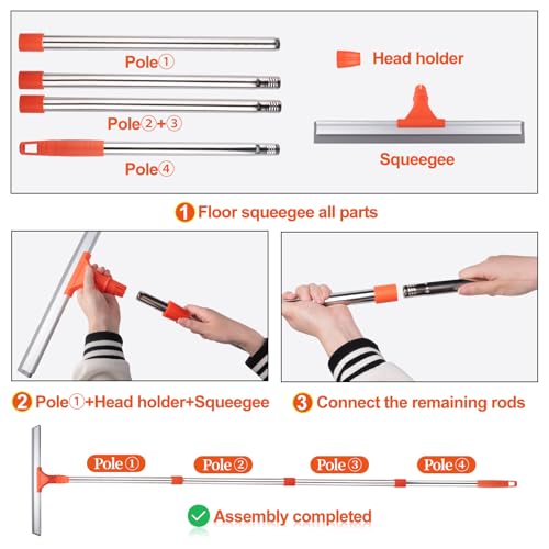 BITOPE Floor Squeegee for Cleaning, 17.3" Heavy-Duty Squeegee for Floor, Silicone Scrubber Broom with 5 Ft Stainsless Steel Long Handle for Bathroom, Glass Windows, Tile, Garage, Deck