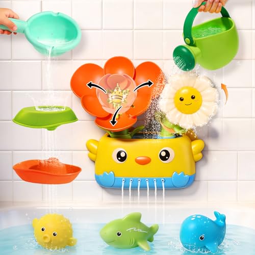 Toddler Bath Toys for Kids Ages 1-3 | Safe & Fun Mold Free Baby Bath Toys | Interactive Bath Toys with Blooming Flower with Watering Can Bathtub Water Toys for 1+ Year Old Great for Girls Shower Gifts - style: Bath Toys with Boats