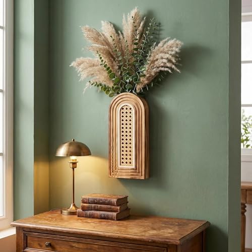 Dnnnii 2 Pack Wooden Wall Vase Set - Brown Finish Hollow Rattan Modern Farmhouse & Boho Wall Decor for Entryway, Hallway, Bathroom, Living Room, Dining Room, Narrow Spaces - color: Rattan-brown