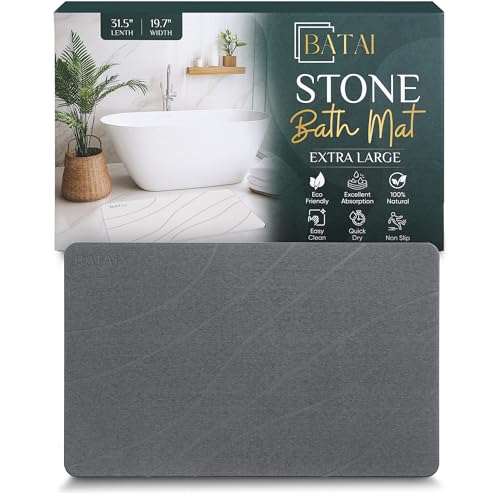 Extra Large Stone Bath Mat - (31.5” x 19.7”) - Absorbent Diatomaceous Earth Stone Bath Mat Large - Non-Slip Diatomite Bathmat - Easy Clean and Quick Drying - Long Instant Dry Bathmat - Dark Gray XL - color: Dark Gray