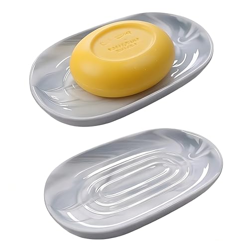 Ceramic Marble Pattern Soap Dish, Textured Raised Soap Saver Tray for Shower Bathroom Kitchen Sink Vanity, Easy to Clean Multi-Use Holder for Bar Soap Jewelry Rings Keys, Grey (1 Pack) - color: Grey