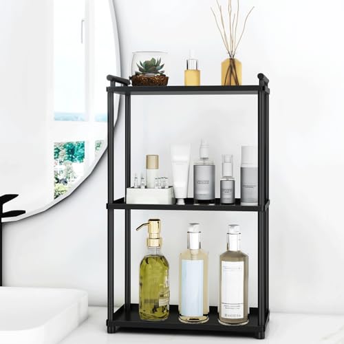 VOTZAAQ 3 Tier Bathroom Organizer Countertop, Stainless Steel Perfume Tray and Vanity Countertop Shelf, Makeup Skin Care Bathroom Organizers and Storage for Dresser, Kitchen (Matte Black) - style: 3Tier