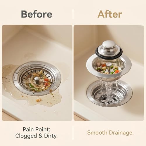 4-Piece Sink Drain Kit: Stainless Steel Strainer Stopper with Handle & Removable Hair Catcher for Kitchen/Bathroom Sinks (1.34"-1.57" Hole), Includes 2 Rubber Gaskets