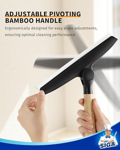 MR.SIGA All Purpose Silicone Squeegee for Shower Door, Mirror, Glass, Streak Free Shower Squeegee, Pivoting Bamboo Handle, Includes 1 Suction Hook, 10 inch Wide, Black, 1 Pack - color: Black