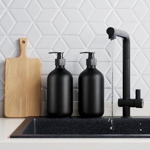 2Pcs Black Soap Dispenser, 16oz Plastic Dish & Hand Soap Dispenser for Kitchen, Empty Liquid & Lotion Dispenser Set for Bathroom Accessories - color: Black Pump