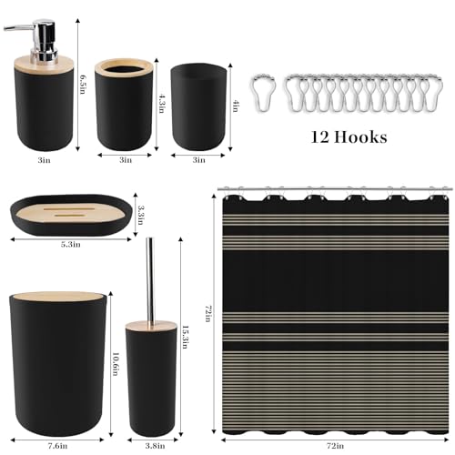Bathroom Accessories Set - 19 PCS Black Bathroom Set with Shower Curtain, Trash Can, Toilet Brush Holder Toothbrush Holder & Dispenser - Modern Bamboo Plastic Complete Bath Decor for Apartment - color: Black1