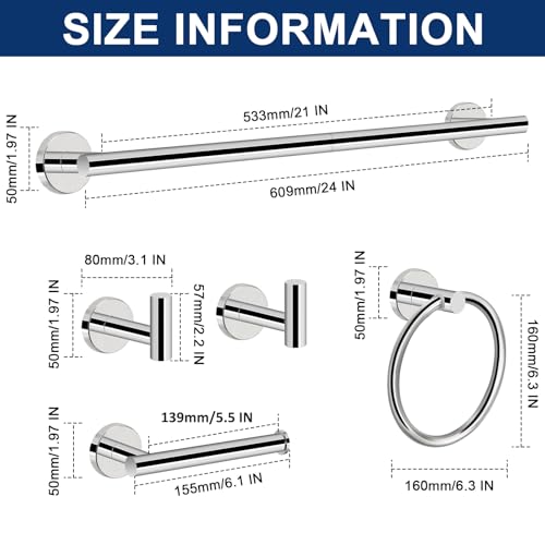 NearMoon 5 Pieces Bathroom Hardware Set SUS304 Thicken Stainless Steel-Towel Rack Kit Include 24" Towel Rod + Bath Towel Ring + Toilet Paper Holder + Robe Towel Hooks Bath Accessories (Chrome Finish) - color: Chrome Finish