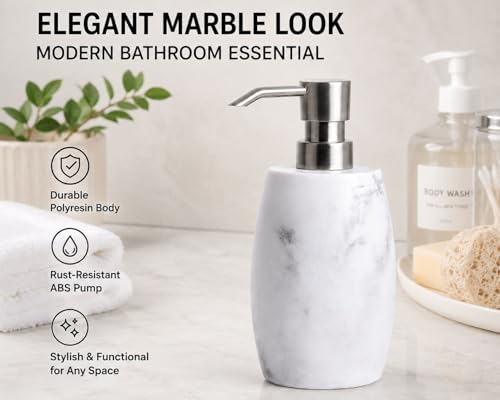 Clasin Home Resin Hand Soap Dispenser, Refillable Soap Dispenser with White Marble Look and Metallic Pump, Waterproof Bottle Labels for Bathroom Kitchen Dish Hand Wash Shower Lotion Shampoo (12 Oz) - color: White