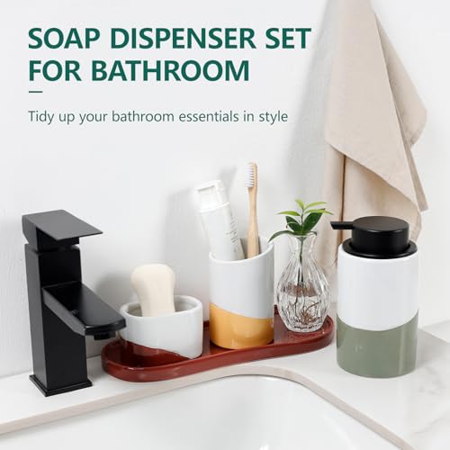 Bosilunlife Ceramic Soap Dispenser Set with Sponge Cup, Brush Cup & Tray | 4-Piece Ceramic Set Includes 12 Oz liquid Soap Dispenser, Sponge Cup, Brush Holder and Tray for Kitchen or Bathroom Counters. - size: liquid Pump