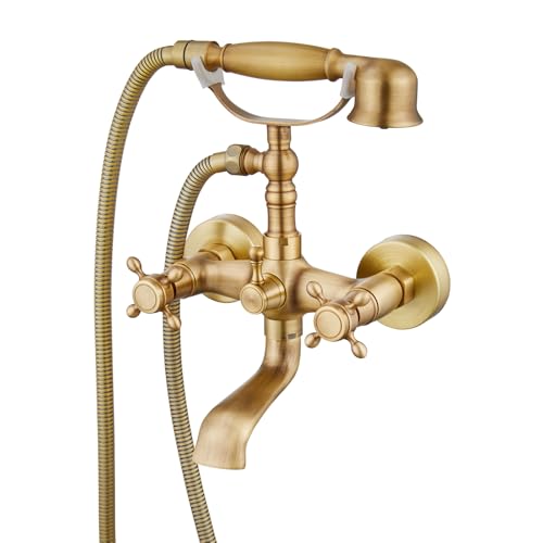 gotonovo Wall Mount Clawfoot Bathtub Faucet with HandHeld Spray and 360° Double Cross Handle Swivel Spout Vintage Tub Shower Faucet Set with Adapter Adjustable Swing Arms Antique Brass - color: Antique Brass