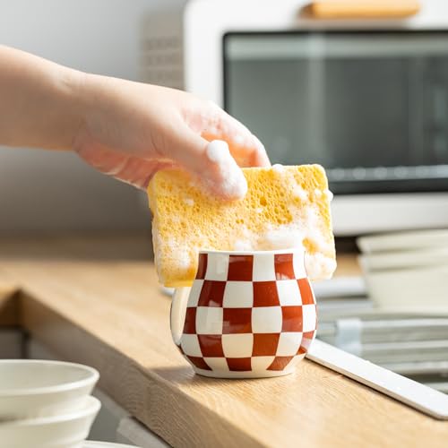 Checkered Sponge Holder for Kitchen Sink Counter, Ceramic Dish Sponge Caddy White Sink Organizer Dish Rack Farmhouse Brush Holder for Bathroom, Brown and White - color: Brown and White, size: Barrel-type