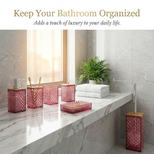 Red Bathroom Accessory Set, 6 PCS Red Bathroom Accessories Set,Soap Dispenser, Toothbrush Holder, Soap Dish, Mouthwash Cup, Cotton Swab Holder and Toilet Brush, Acrylic - color: Red