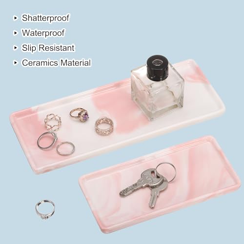 uxcell 2pcs Marble Tray for Bathroom 2 Size Small Rectangle Ceramic Vanity Tray for Countertop Shatterproof Bathtub Soap Tray Kitchen Sink Organizer Key Trinket Ring Tray, Pink - color: Pink