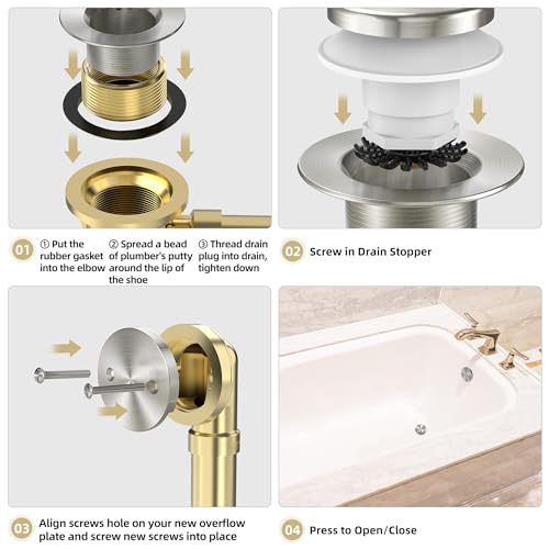 Brushed Nickel Tub Drain Kit with Hair Catcher, Premium Brass Tip-Toe Bathroom Tub Drain Replacement and 2-Hole Overflow Faceplate, 11.5/16 UNC Bathtub Drain Stopper Assembly - color: Brushed Nickel