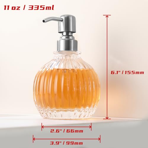 Round Bathroom Soap Dispenser Brushed Nickel Pump, Glass Bottle with Stainless Steel Pump Liquid Soap Dispenser Sphere Countertop Hand Kitchen - color: Brushed Nickel, size: 11oz-Round