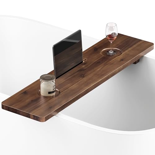 Tinamo 35”L Wooden Bathtub Tray, Bathtub Caddy Tray For Tub with Tablet Slot & Wine Holder - Acacia Bath Tray For Tub, Bath Table - Bathtub Tray Table with Adjustable Legs (Walnut color, 35"x 9"x2.5") | Acacia Wood, 35" x 9" x 2.5", Adjustable Width, Beve