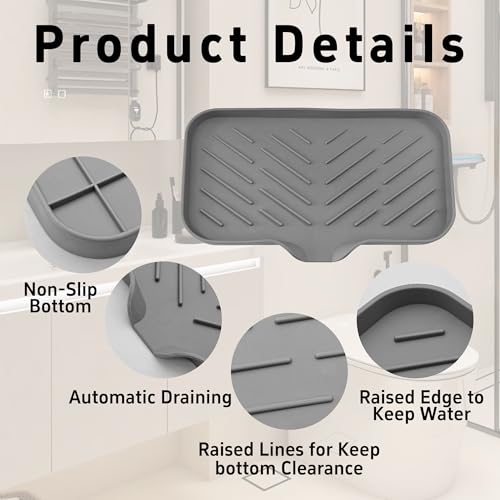 9.4” x 5.9” Silicone Soap Dish with Self-Draining Spout, Multi-Purpose Kitchen Bathroom Sink Organizer Tray for Bar Soap, Sponge, Dispenser Bottle Counter Storage, Gray - color: Gray, size: 9.4” x 5.9”