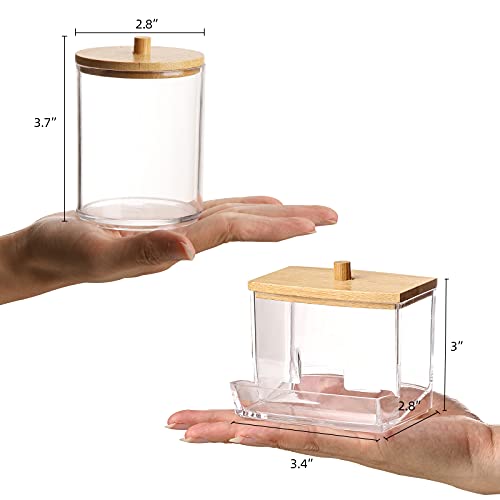 Tbestmax Qtips Holder Bathroom Container, 10/7 OZ Cotton Ball/Swabs Dispenser, Apothecary Jar Organizer for Storage Wood Lids - color: Group A-Beige Wood