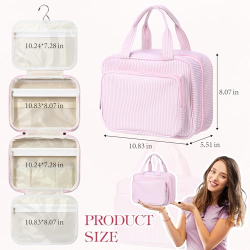 Huhumy Hanging Toiletry Bag for Women with Detachable Pouch, Travel Toiletry Bag, Travel Size Toiletries, Cosmetic Bags, Seersucker Makeup Bags Gifts for Her Mom Girlfriend Wife Teacher(Pink) - color: Pink