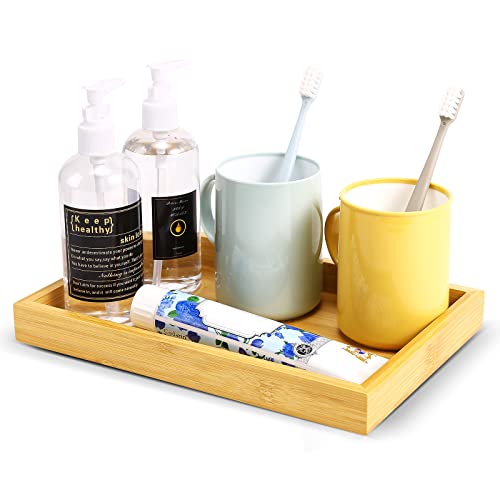 Natural Bamboo Vanity Tray, Sink Tray, Smooth and Thick Wooden Tray for Toilet Tank and Bathroom Counter Top, Kitchen Decor Wood Holder and SPA Home, 11.5x7.6x1.2 inches - size: 11.3" x 7.6" x 1.2"