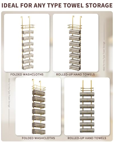 Hanging Towel Racks for Bathroom No Drill - Over The Door 8-Tier Bath Towel Storage Organizer for Small Bathrooms - Back Door Large Tiered Towel Holder Hanger for Rolled Towels RV Camper Gold - color: Gold, size: 8 Tier