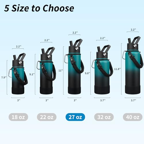 BJPKPK 27oz Insulated Water Bottles with 3 Lids, Paracord Handle & Non-slip Boot, Stainless Steel Water Bottle with Straw, BPA Free Thermal Flasks, Tumblers, Army Green & Black - color: Army Green & Black, size: 27 Ounces