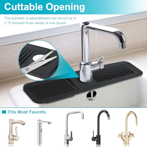 24 Inch Kitchen Sink Splash Guard，5°Slope Fast Draining Silicone Mat for Kitchen Sink Faucet Mat, Upgraded Sink Tidy Splash Guard for Bathroom Faucet Draining Mat (Black)