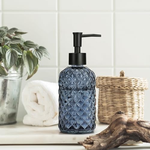 13.5oz Glass Soap Dispenser with Plastic Pump, Diamond Design Refillable Hand Soap Dispenser for Hand Wash, Bathroom and Kitchen (Blue Grey) - color: Blue Grey